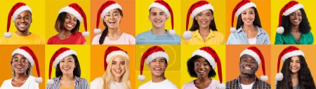 Photo for Collection of positive beautiful multicultural people millennial men and women wearing red Santa hats, smiling at camera on yellow or orange, celebrating new 2023 year, set of studio shots, collage - Royalty Free Image