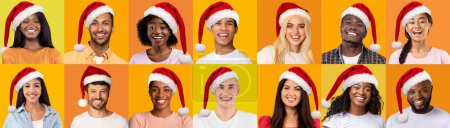 Photo for International group of positive people beautiful men and women different ages having Christmas party, wearing red santa hats, smiling on colorful studio backgrounds, set of photos, collage - Royalty Free Image