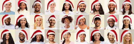 Photo for Set of positive beautiful multicultural people men and women wearing red Santa hats, smiling at camera on white or grey, celebrating new 2023 year, set of studio shots, web-banner - Royalty Free Image
