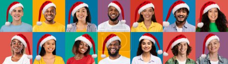 Foto de Concepto de Navidad. Hombres y mujeres alegres y multiétnicos de diferentes edades en sombreros rojos de Santa sonriendo a la cámara. Las personas reales se enfrenta a fondos de estudio de colores, conjunto de fotos, collage - Imagen libre de derechos