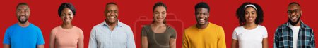 Photo for Set of cheerful beautiful african american people men and women various ages, styles and occupations posing on red studio background, collage, panorama, collection of portraits - Royalty Free Image