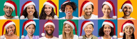 Photo for Cheerful beautiful multicultural men and women different ages having Christams party, wearing red Santa hats, set of studio photos, colorful backgrounds, collage, web-banner - Royalty Free Image