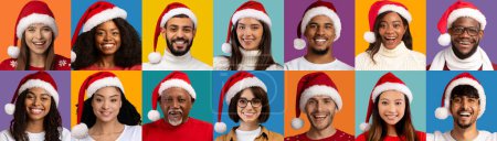 Photo for International group of happy people beautiful men and women different ages having xmas party, wearing red santa hats, smiling on colorful studio backgrounds, collection of photos, collage - Royalty Free Image
