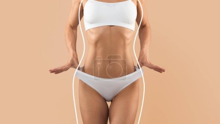 Weightloss Concept. Unrecognizable slim woman with fit body with drawn lines around it posing in underwear over beige studio background, lady with sporty figure pulling up white panties, collage