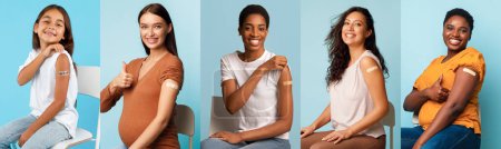 Téléchargez les photos : Collecte de groupes multiethniques de femmes montrant leurs bracelets, jeunes femmes multiculturelles gaies et adolescentes vaccinées contre COVID-19, collage, ensemble de photos, panorama - en image libre de droit