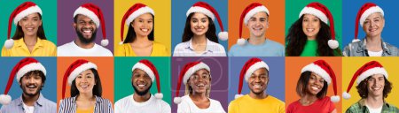 Photo for Cheerful beautiful multiethnic men and women different ages having New 2023 Year party, wearing red Santa hats, set of studio photos, colorful backgrounds, collage, web-banner - Royalty Free Image