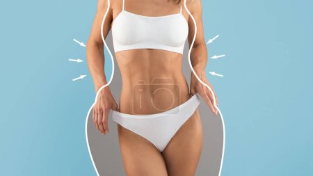 Photo for Torso of slim female with drawn outlines around it, creative collage with unrecognizable sporty woman in underwear pulling panties aside while posing isolated over blue background, copy space - Royalty Free Image