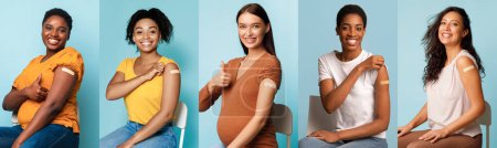Photo for Collage of happy diverse vaccinated young women with band-aids on arms, group of multiracial ladies got an injection against covid or viral disase, panorama. Measures against coronavirus outspread - Royalty Free Image
