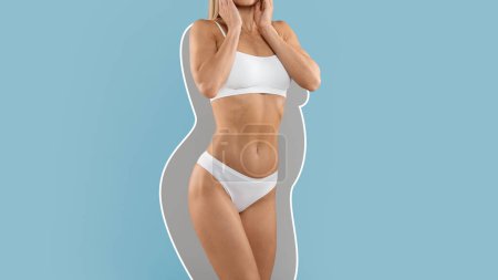 Photo for Weightloss Concept. Slim Lady In Underwear With Drawn Lines Of Her Ex Figure Standing Isolated Over Blue Background, Cropped Shot Of Unrecognizable Young Female With Sporty Figure, Collage - Royalty Free Image