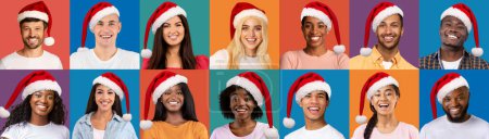 Photo for Beautiful young people multiracial men and women wearing Santa hats, cheerfully smiling at camera, celebrating New Year 2023 on colorful backgrounds, set of studio shots, collage, web-banner - Royalty Free Image