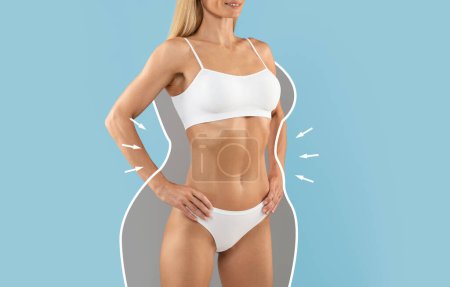 Photo for Young Female In Underwear With Drawn Outlines Around Her Sporty Body Standing Isolated Over Blue Background, Unrecognizable Woman Demonstrating Result Of Successful Dieting, Collage With Free Space - Royalty Free Image