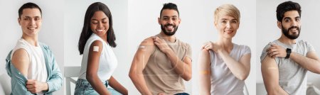 Photo for Collage of happy diverse vaccinated people with band-aids on arms, group of multiracial people got an injection against covid or viral disase, panorama. Measures against coronavirus outspread - Royalty Free Image