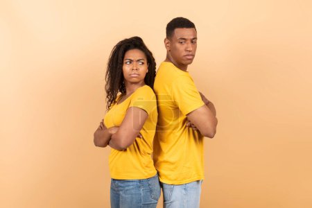Téléchargez les photos : Frustrés conjoints afro-américains debout dos à dos avec les bras croisés sur fond de studio de pêche. Noir homme et femme ne parlent pas entre eux après la querelle de famille - en image libre de droit