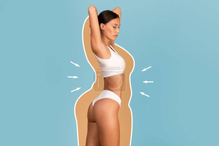 Photo for Weightloss Concept. Fit Lady In Underwear With Drawn Silhouette Around Her Body Posing Over Blue Background, Young Female With Sporty Figure Enjoying Slimming Result, Collage, Copy Space - Royalty Free Image