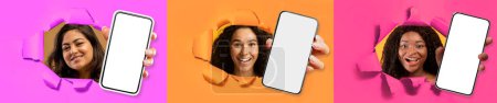 Foto de Tres alegres mujeres jóvenes multiétnicas que muestran teléfonos inteligentes a través de un agujero roto en la pared de papel de colores y sonriendo, sosteniendo gadgets con pantallas blancas vacías, maqueta para publicidad, conjunto de fotos, collage - Imagen libre de derechos