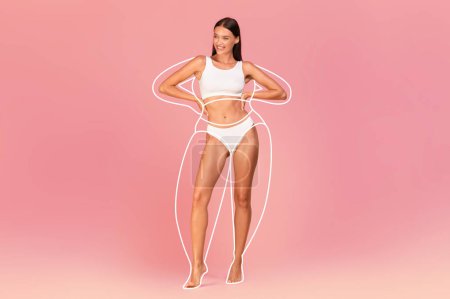 Photo for Body Scupting Concept. Fit Lady With Slim Figure In Underwear Posing On Pink Gradient Background, Beautiful Young Female With Drawn Silhouette Outlines Demonstrating Slimming Result, Collage - Royalty Free Image