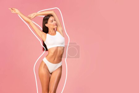 Photo for Weightloss Treatments. Beautiful Slim Lady In Underwear Posing With Hands Raised Up, Attractive Young Woman Demonstrating Her Perfect Body While Standing Over Pink Background In Studio, Collage - Royalty Free Image