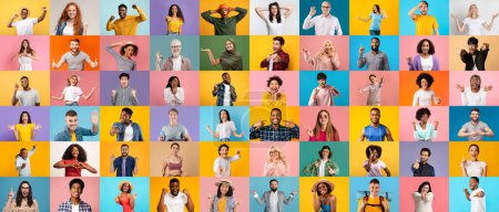 Mosaik verschiedener glücklicher Menschen Portraits über bunte Hintergründe, multiethnische Männer und Frauen, die positive Emotionen ausdrücken, Grimassen und Gesten vor der Kamera, kreative Collage, Panorama