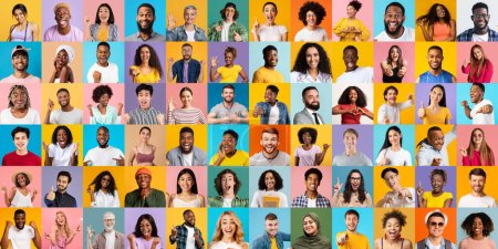 Studioporträts diverser glücklicher multiethnischer Menschen, isoliert auf farbenfrohen Hintergründen, Set fröhlicher multikultureller Männer und Frauen, die auf hellen Kulissen posieren, kreative Collage, Mosaik