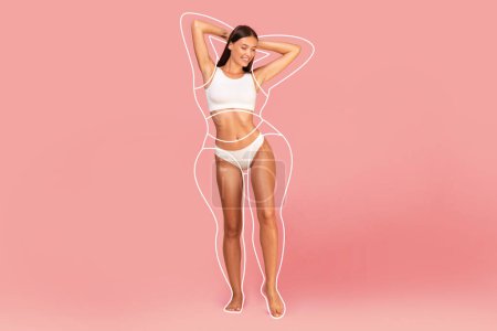 Photo for Healthy Slimming. Happy Young Woman With Perfect Body And Fat Silhouette Outlines Around It Posing In Underwear Over Pink Studio Background, Cheerful Female Enjoying Result Of Weight Loss, Collage - Royalty Free Image