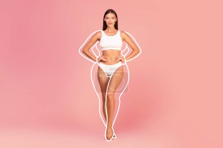 Photo for Slim smiling woman in white lingerie with drawn silhouette around body posing over pink studio background, beautiful female keeping hands on waist and looking at camera, creative collage, copy space - Royalty Free Image
