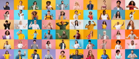 Mosaico con diversas personas felices de diferentes etnias posando sobre fondos coloridos, alegres hombres y mujeres multiculturales que expresan emociones positivas y gestos en la cámara, collage, panorámica