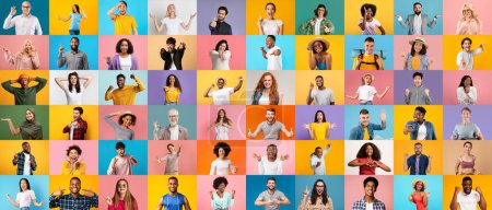 Téléchargez les photos : Collage avec des visages de diverses personnes multiethniques heureuses debout sur des milieux colorés, différents hommes et femmes multiculturels exprimant des émotions positives tout en posant sur des fonds lumineux - en image libre de droit