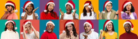 Foto de Collage creativo con jóvenes multiétnicos que usan sombreros de Papá Noel expresando emociones positivas mientras posan sobre fondos coloridos, diversos hombres felices y mujeres disfrutando de vacaciones de Navidad, Panorama - Imagen libre de derechos