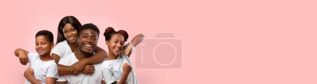 Photo for Lovely black family posing over pink studio background, happy father, mother and two school-aged kids boy and girl smiling and gesturing, panorama with copy space for advertisement, collage - Royalty Free Image