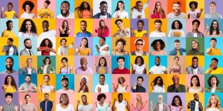 Photo for Happy group of multicultural men and women posing over bright studio backgrounds, set of joyful multiethnic peoples faces on colorful backdrops, males and females gesturing at camera, collage - Royalty Free Image