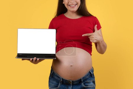 Photo for Cool Website. Smiling Pregnant Woman Pointing At Laptop With Blank White Screen, Cropped Shot Of Happy Young Expectant Lady Demonstrating Free Copy Space For Online Offer Design, Mockup - Royalty Free Image