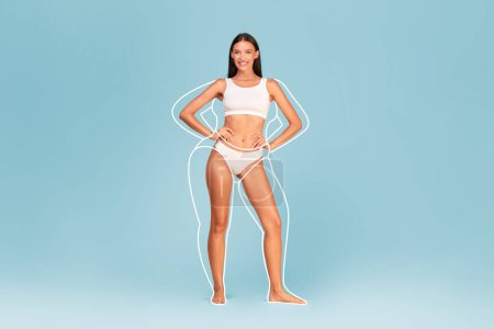 Photo for Body Shaping Concept. Attractive Young Lady In Underwear With Drawn Silhouette Around Her Figure Standing Over Blue Gradient Background, Beautiful Woman In Fit Shape Smiling At Camera, Collage - Royalty Free Image