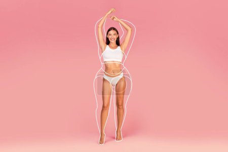 Photo for Happy Beautiful Female In Underwear With Drawn Oversize Silhouette Around Her Body Standing Over Pink Background, Smiling Slim Woman Demonstrating Result Of Successful Weigth Loss, Collage - Royalty Free Image