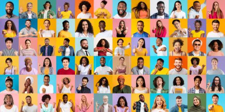 Glückliche Aufregung. Porträts fröhlicher multiethnischer Männer und Frauen, die auf farbenfrohen Hintergründen posieren, vielfältige multikulturelle Menschen, die positive Emotionen ausdrücken, in die Kamera blicken und lächeln, Collage