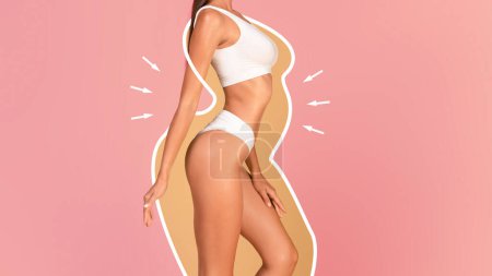 Foto de Concepto de dieta. Mujer delgada en ropa interior con silueta dibujada alrededor de su cuerpo de pie sobre fondo rosa, mujer joven con figura en forma disfrutando de resultados de pérdida de peso, Collage, Panorama - Imagen libre de derechos