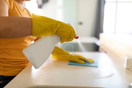 Photo for OCD Concept. Woman With Sprayer Detergent And Rag Cleaning Kitchen Counter, Cleaner Lady Wearing Rubber Gloves Tidying Home, Suffering Obsessive-Compulsive Disorder Or Doing Domestic Chores, Closeup - Royalty Free Image