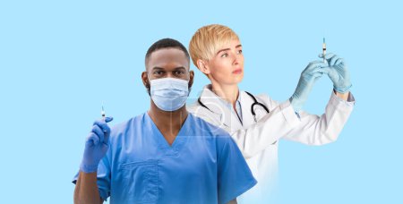 Photo for Coronavirus Vaccination. Two Multiethnic Doctors Holding Syringes With Vaccine Shot While Standing Isolated Over Blue Background, Medical Workers In Uniform Ready For Injection, Panorama, Collage - Royalty Free Image