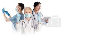 Photo for Medical Offer. Group Of Multiethnic Doctors Wearing Uniform Standing Isolated On White Background, Male And Female Physicians With Syringe, Stethoscope And Digital Tablet Ready For Treatment Services - Royalty Free Image