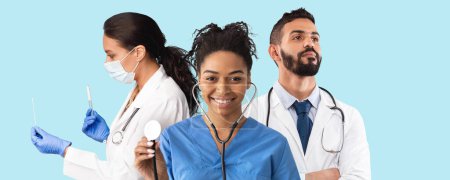 Photo for Young Multiethnic Doctors Wearing Uniform With Stethoscopes Posing Over Blue Background, Female And Male Physicians Ready Provide Quility Medical Services, Panorama With Copy Space, Collage - Royalty Free Image