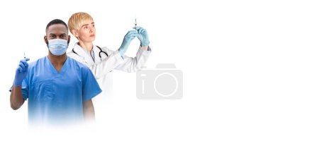 Photo for Immunization Concept. Two Multiethnic Doctors Holding Syringe With Vaccine Dose While Standing Isolated Over White Background, Medical Workers In Uniform Ready To Make Injection, Panorama, Collage - Royalty Free Image