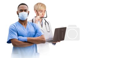 Photo for Medical Banner. Two Multiethnic Physicians In Uniform Standing Isolated Over White Background, Doctor Lady Using Laptop For Online Consultations While Black Therapist Looking At Camera, Collage - Royalty Free Image