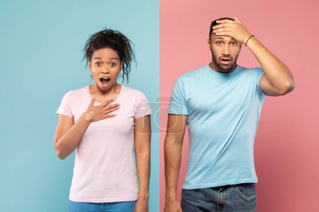 Photo for Shocked black couple opening mouths in shock, woman putting hand on heart and man touching head, standing over halved pink and blue studio background. Spouses shouting omg - Royalty Free Image