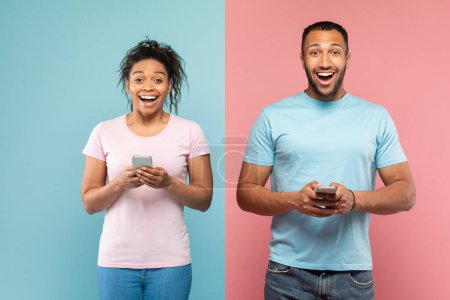Photo for Omg. Emotional black couple holding smartphones and looking at camera in excitement, standing over blue and pink background. Surprised man and woman receiving good news, banner - Royalty Free Image