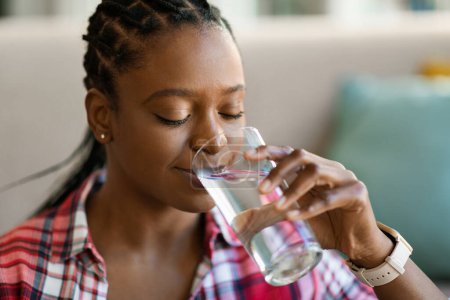 Photo for Healthy lifestyle, hydration concept. Pretty young african american woman with braids in casual sitting on ouch at home, drinking fresh spring water at home, holding glass, closeup candid photo - Royalty Free Image