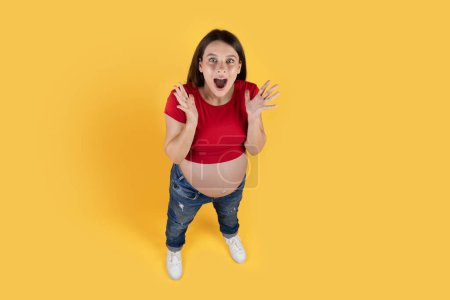 Téléchargez les photos : Portrait Of Shocked Young Pregnant Female Opening Mouth In Amazement, Young Expectant Woman Raising Hands And Exclaiming With Excitement While Standing Isolated Over Yellow Background, Above Shot - en image libre de droit