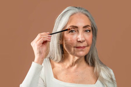 Téléchargez les photos : Serious pretty old caucasian female with gray hair applies cosmetics with brush isolated on brown background, studio, copy space. Nude natural makeup and daily procedures, beauty care, ad and offer - en image libre de droit