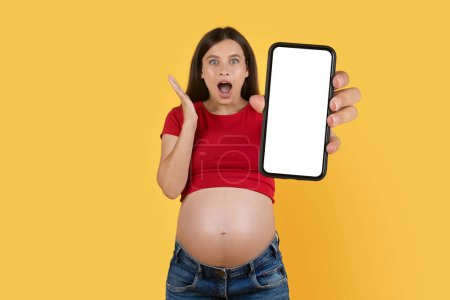 Téléchargez les photos : Amazing Offer. Shocked Pregant Woman Showing Smartphone With Blank Screen At Camera, Amazed Expectant Lady Holding Empty Cellphone In Hand And Exclaiming With Excitement, Collage, Mockup - en image libre de droit