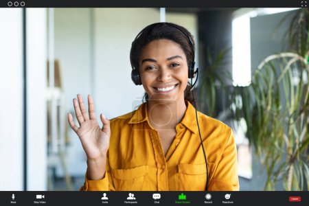 Photo for Positive african american businesswoman making video call from office, waving hand at camera and smiling, pov screenshot. Happy female entrepreneur saying hello, creative collage - Royalty Free Image