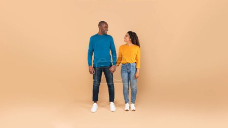 Téléchargez les photos : Full length shot of african american couple holding hands, looking and smiling at each other, standing against peach studio wall. Affectionate middle aged man and young woman being in love - en image libre de droit