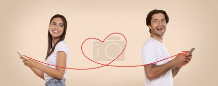 Foto de Online Dating. Romantic Young Couple Holding Smartphones Connected With Drawn Red Heart Shape String, Smiling Man And Woman Using Modern Date App On Mobile Phones, Creative Collage, Panorama - Imagen libre de derechos